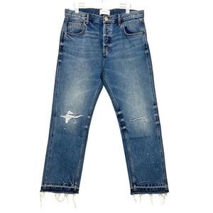 Current/Elliott Distressed Whiskering Raw Hem Straight Leg Jeans Blue Size 31